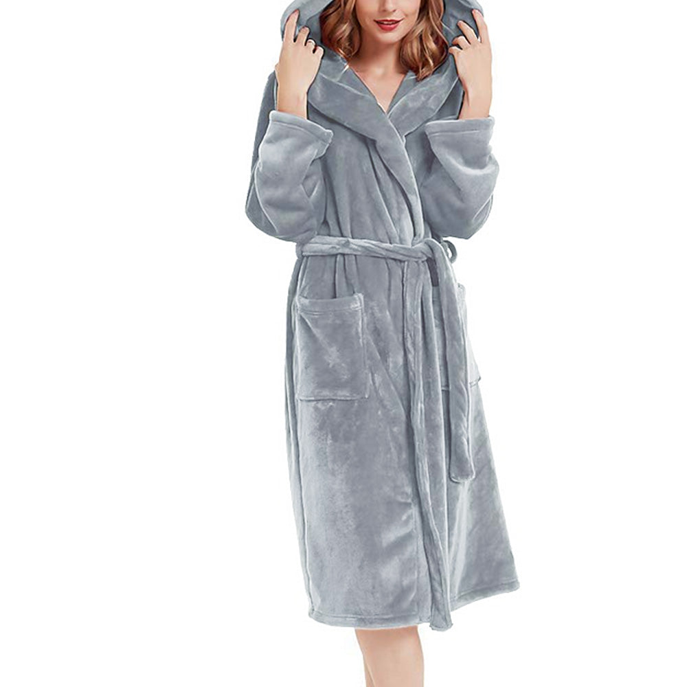 Women Robe Hood Flannel Fleece Full Length Bathrobe Shower Nightgown-Grey