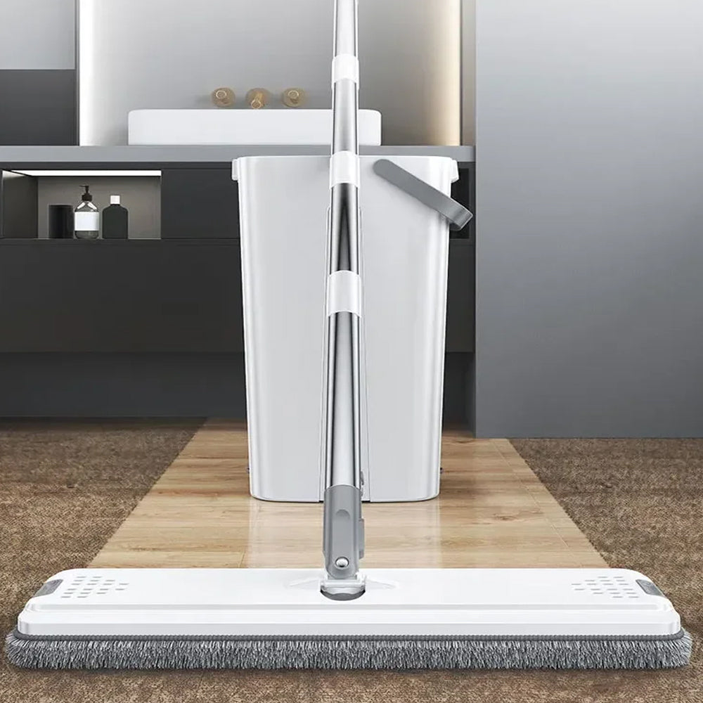 Flat Floor Mop and Bucket Set with 4 Washable Microfiber Pads