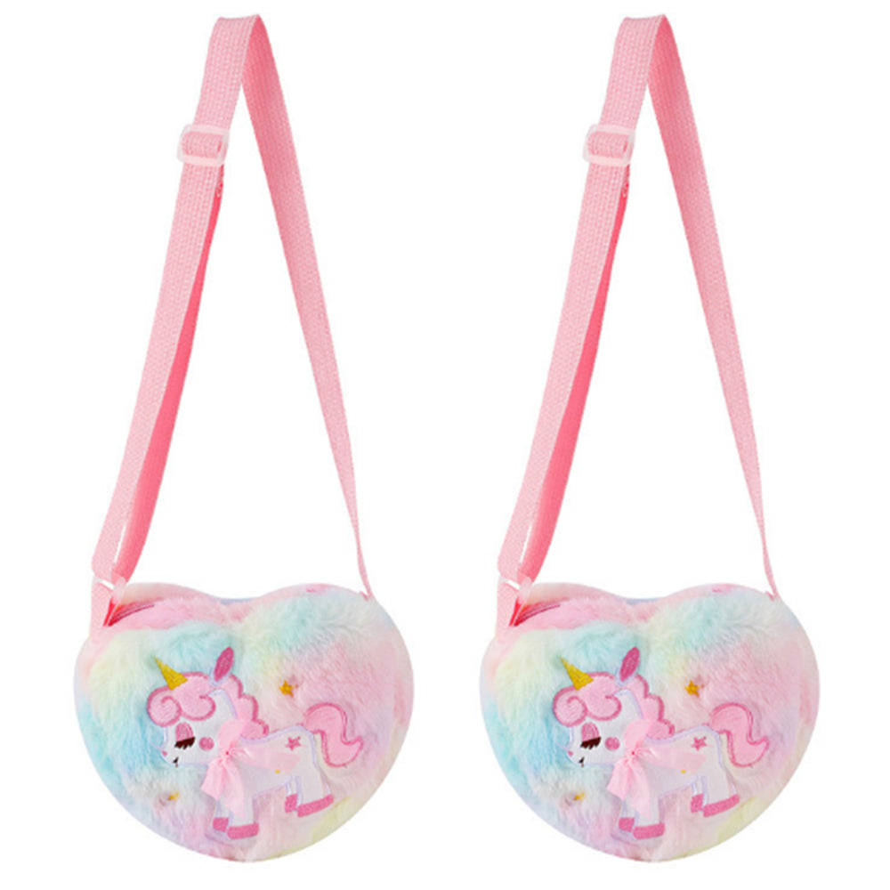 2Pcs Girls Cute Plush Heart Unicorn Embroidery Zipper Crossbody Bag