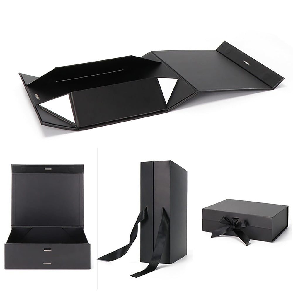 Luxury Foldable Gift Box with Easy Attached Lid and Ribbon-Black