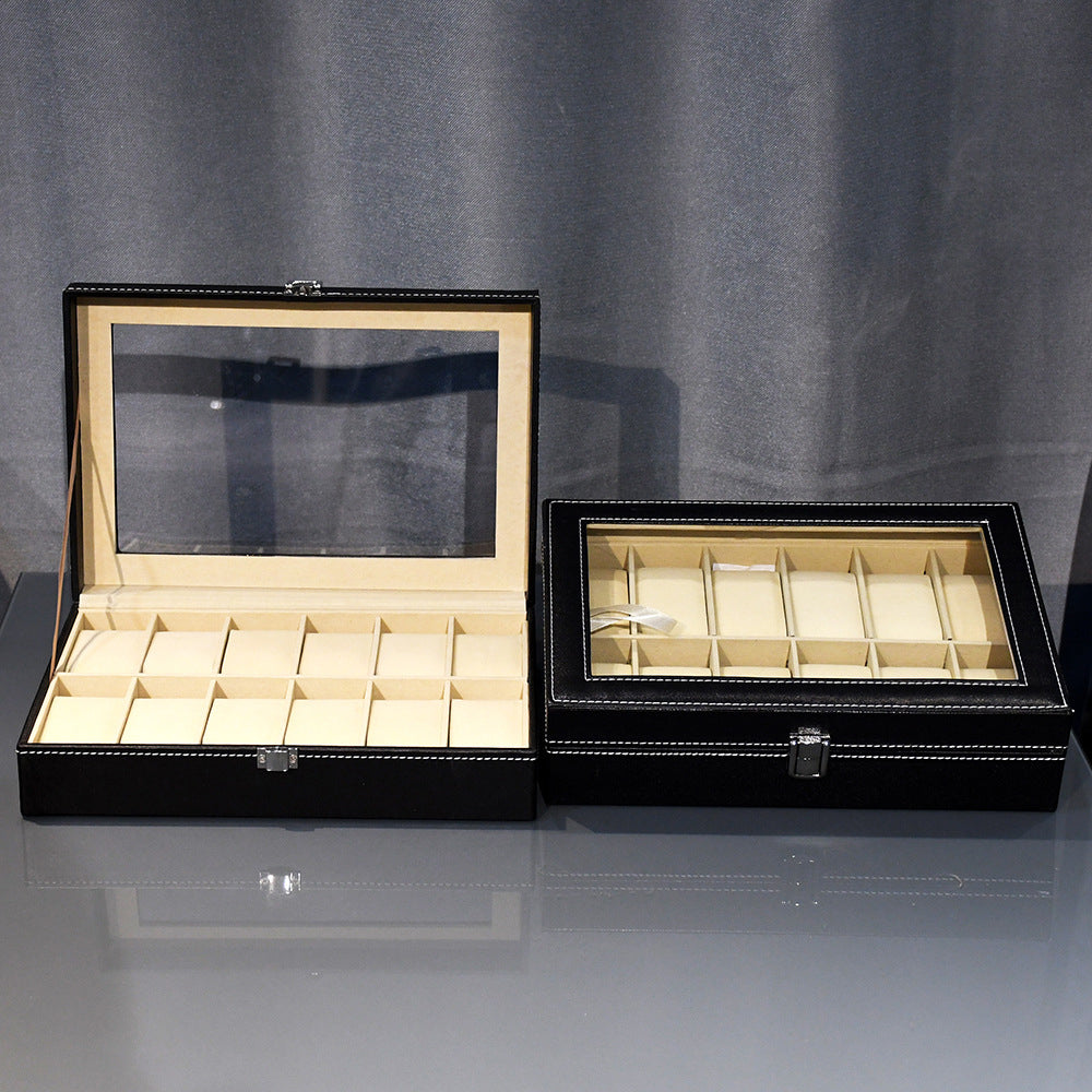 6/10/12 Grids PU Leather Watch Box Organizer Display Case with Lock