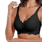 Wireless Bra Soft High Elastic V Neck Wavy Trim-Black