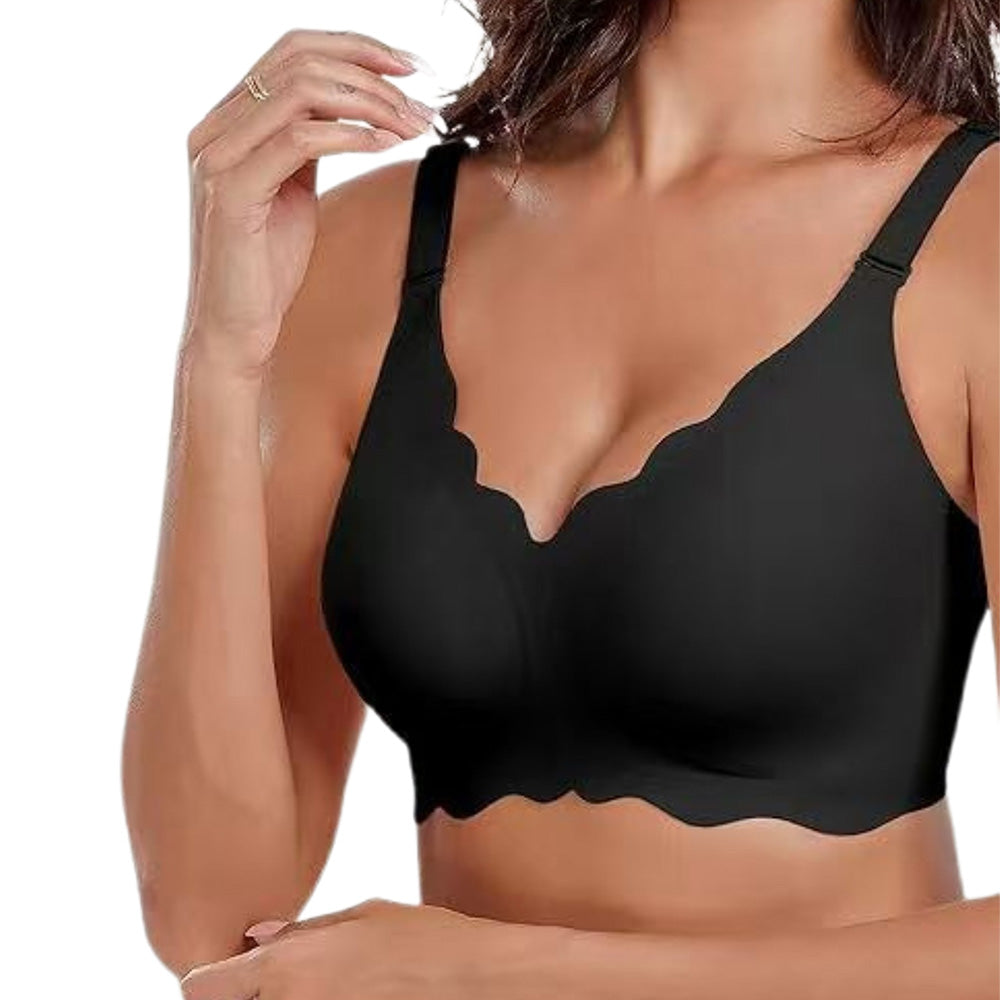 Wireless Bra Soft High Elastic V Neck Wavy Trim-Black