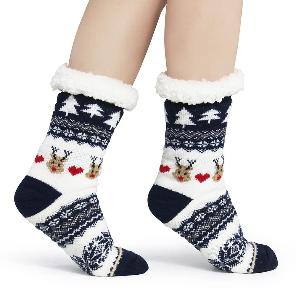 Christmas Non-Slip Floor Socks for Women - Cozy Fleece House Socks with Anti-Slip Sole