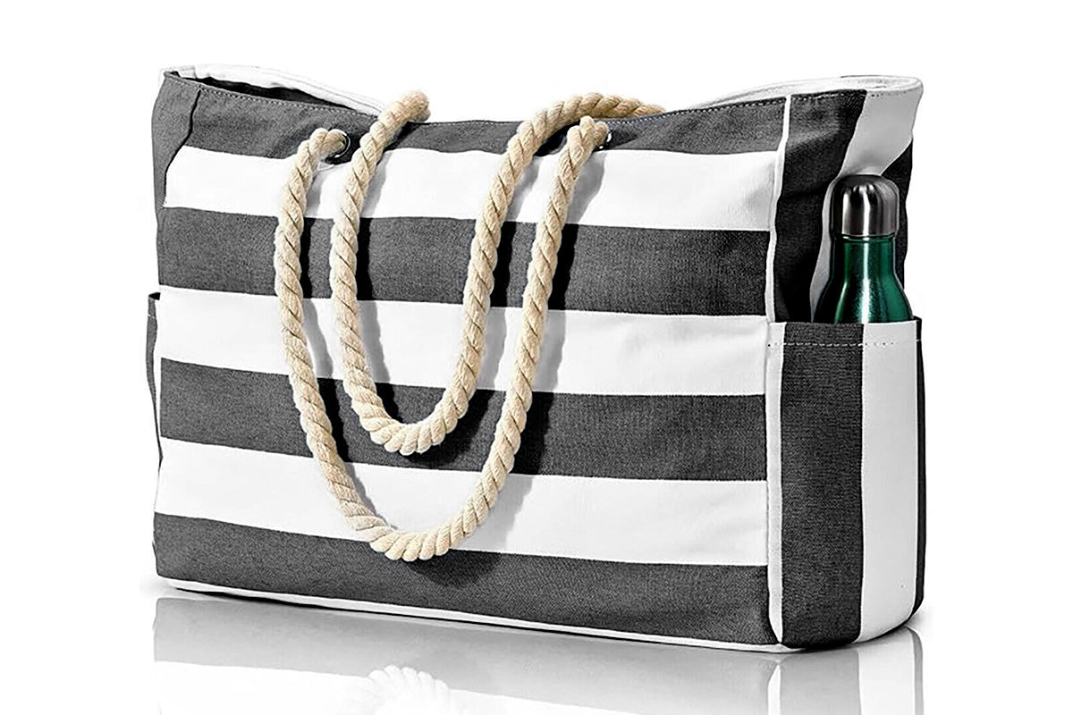 Large Zipper Beach Bags Striped Tote Bag For Travel Outdoor Vacation