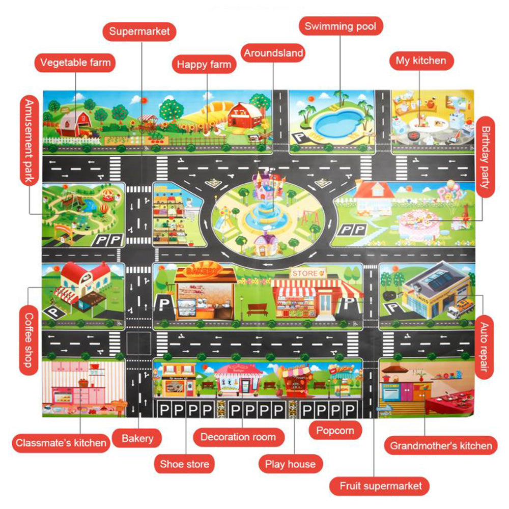 Floor Play Mat Rug Traffic Road Signs Car Track City Carpet Toy with 10 Trees