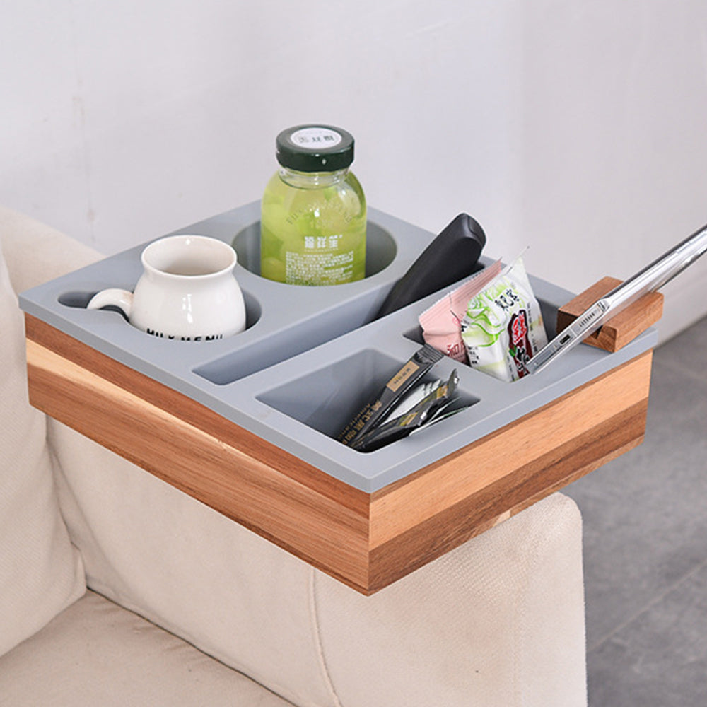 Handy Silicone Bamboo Couch Cup Snack Storage Tray with Rotatable Phone Holder