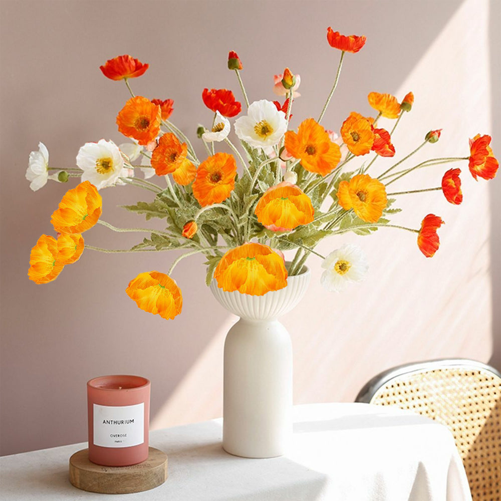 6Pcs 4 Head Artificial Poppy Flowers Papaver Rhoeas Flocking Stem Bouquet-White, Orange