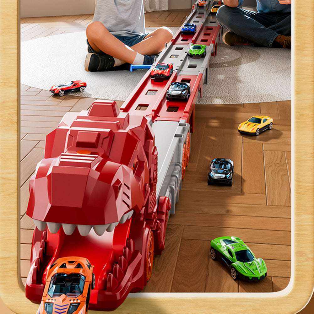 Foldable Dinosaur Truck with Dual Tracks and 6 Small Cars for Home Outdoors