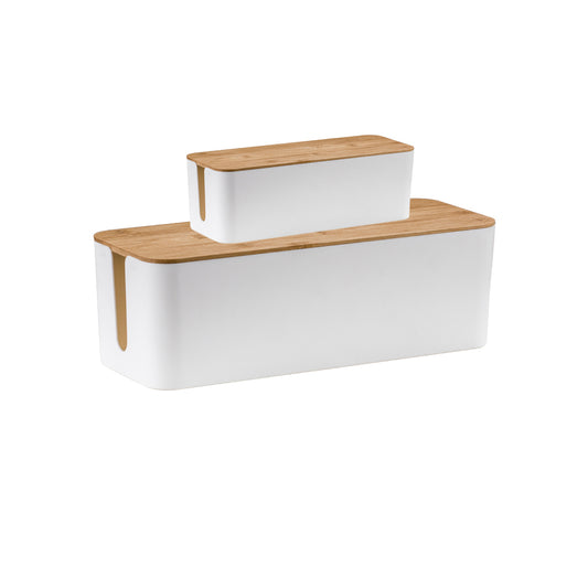 2Pcs Bamboo Lid Cable Management Storage Box for Home and Office-White, S, L