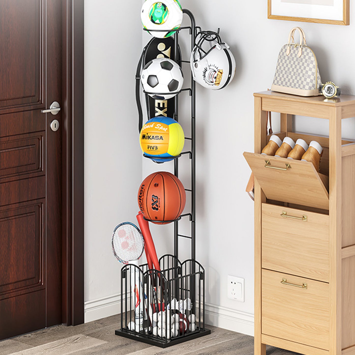 4 Tier Sports Equipment Ball Storage Rack with Basket and Hooks