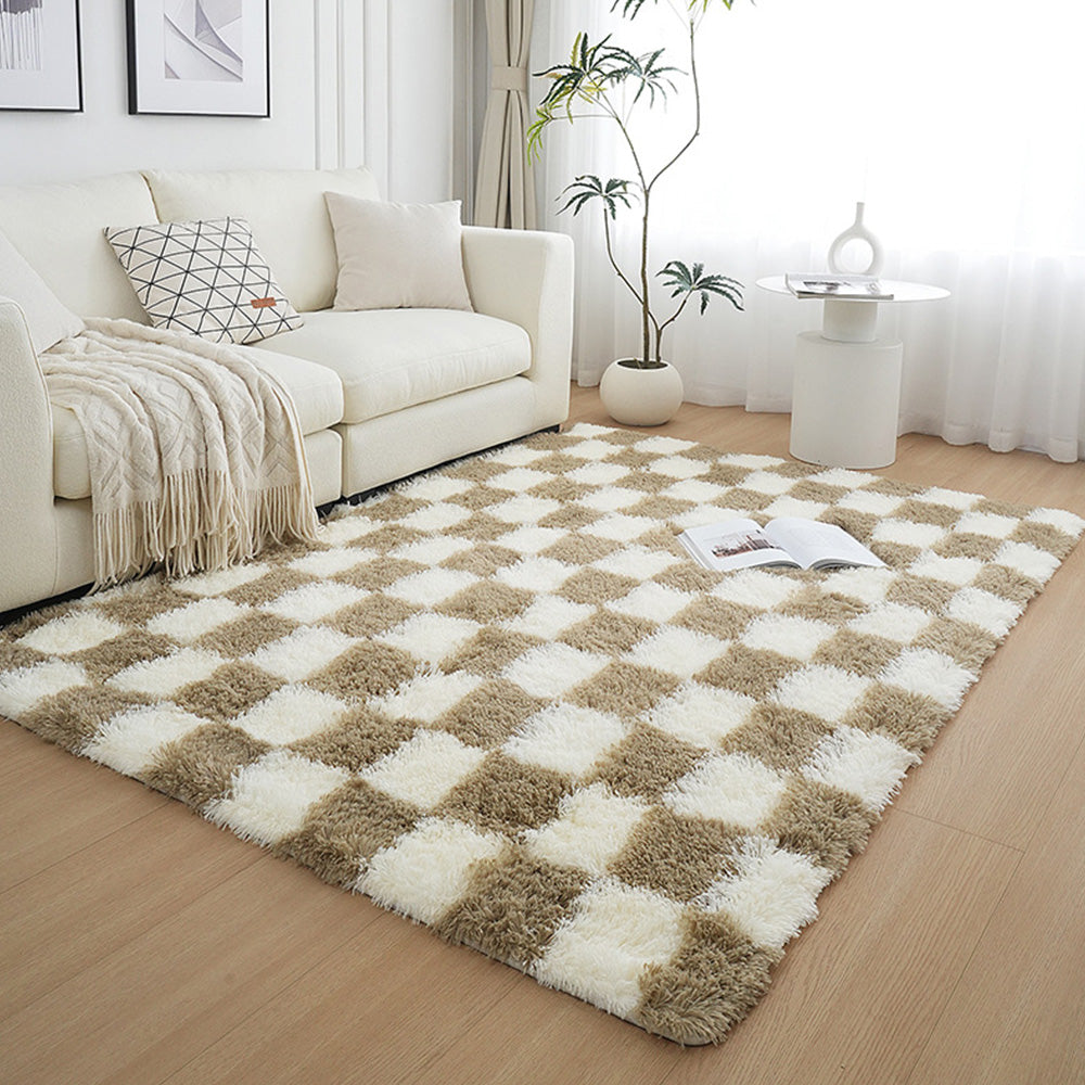 Soft Plush Shaggy Rug Checkered Thickened Non Slip Carpet for Living Room Bedroom