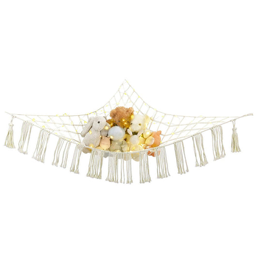Tassels Boho Plush Toy Hammock with String Light Hanging Storage Net