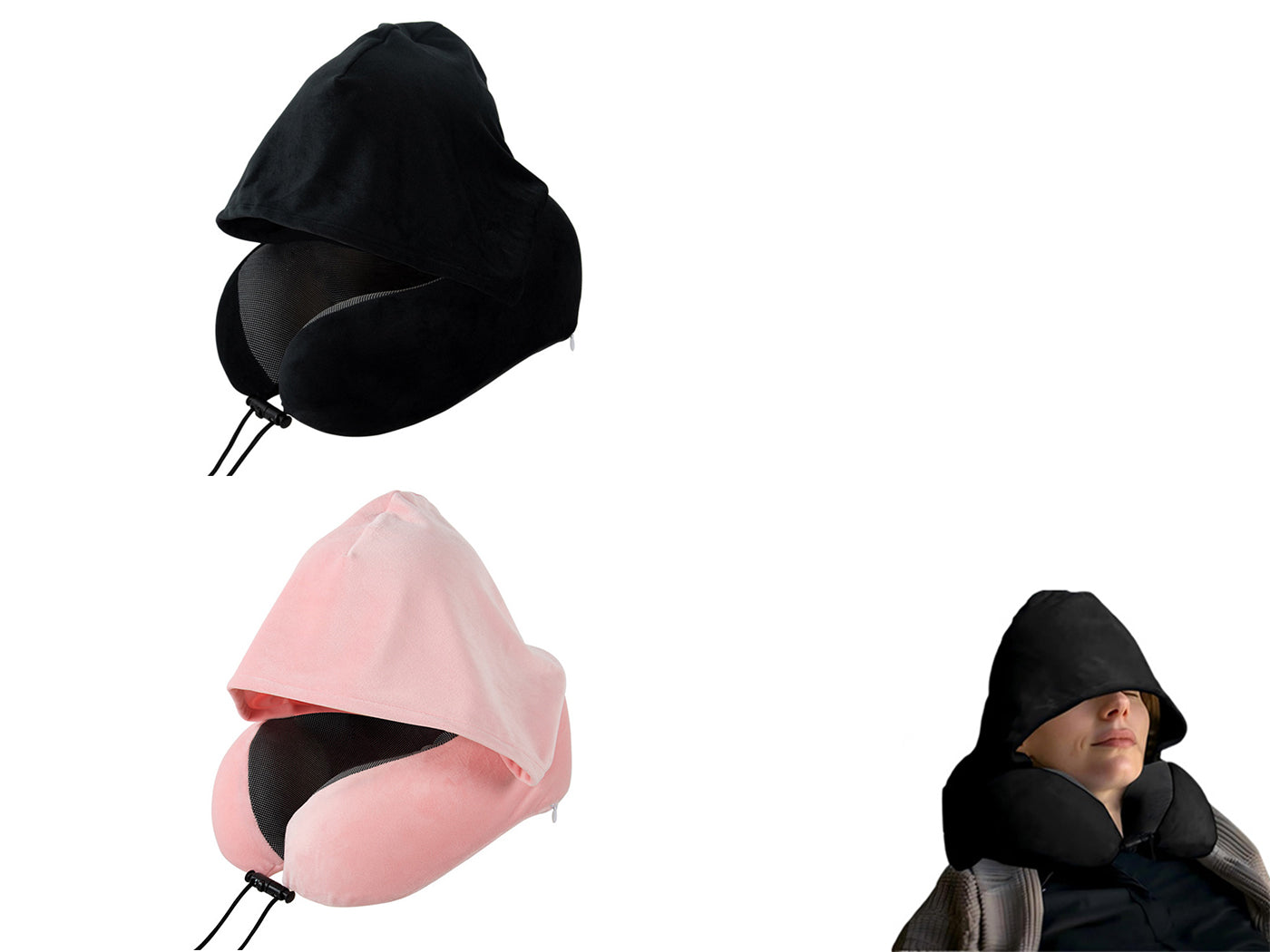 Hooded Travel Pillow with 3D Eye Masks Memory Foam Neck Pillow for Airplane Sleeping
