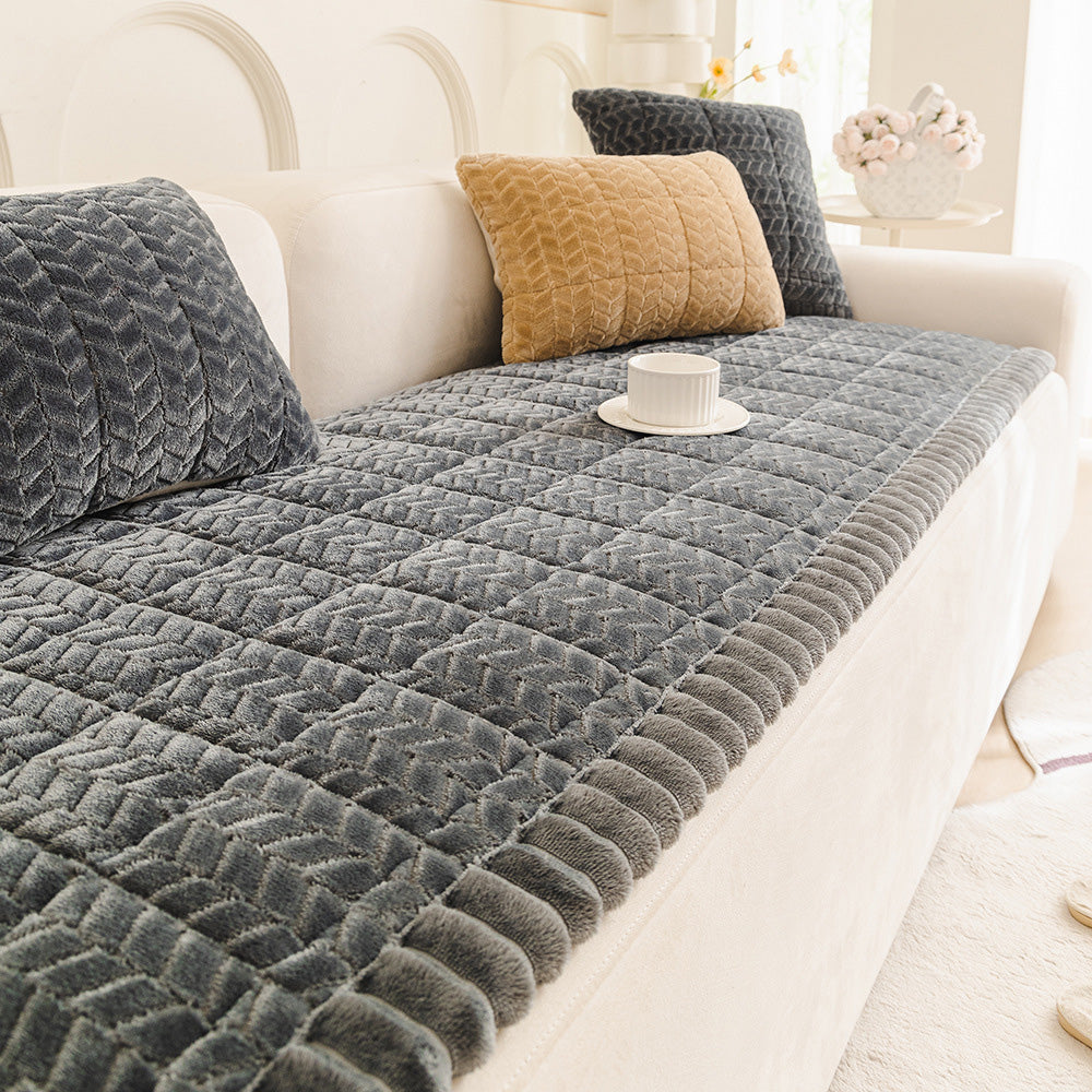 Thick Plush Pet Sofa Cover Non Slip Couch Protector Corduroy Mat-Dark Grey