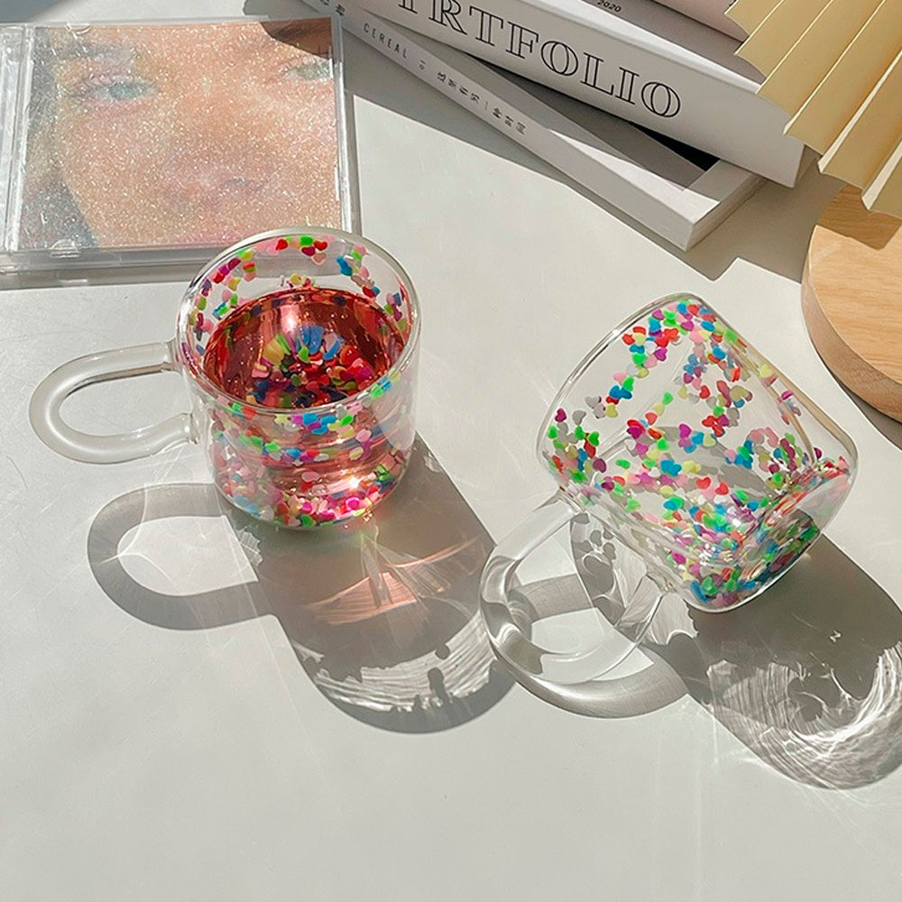 Double Wall Glass Cup with Colorful Love Granule Fillings