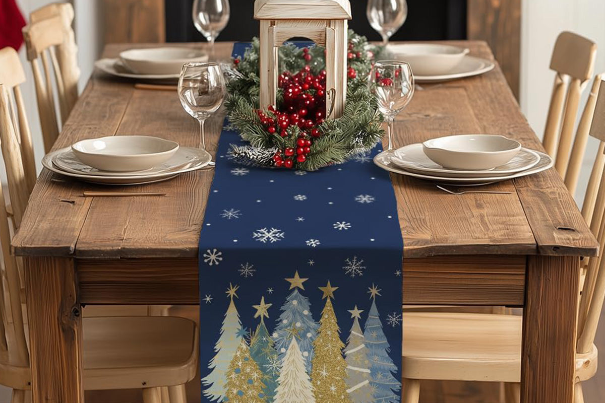 Christmas Table Runner Xmas Trees Tablecloth Cover For Kitchen Dinner Party