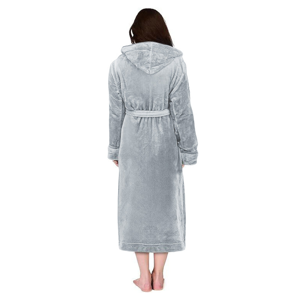 Women Robe Hood Flannel Fleece Full Length Bathrobe Shower Nightgown-Grey