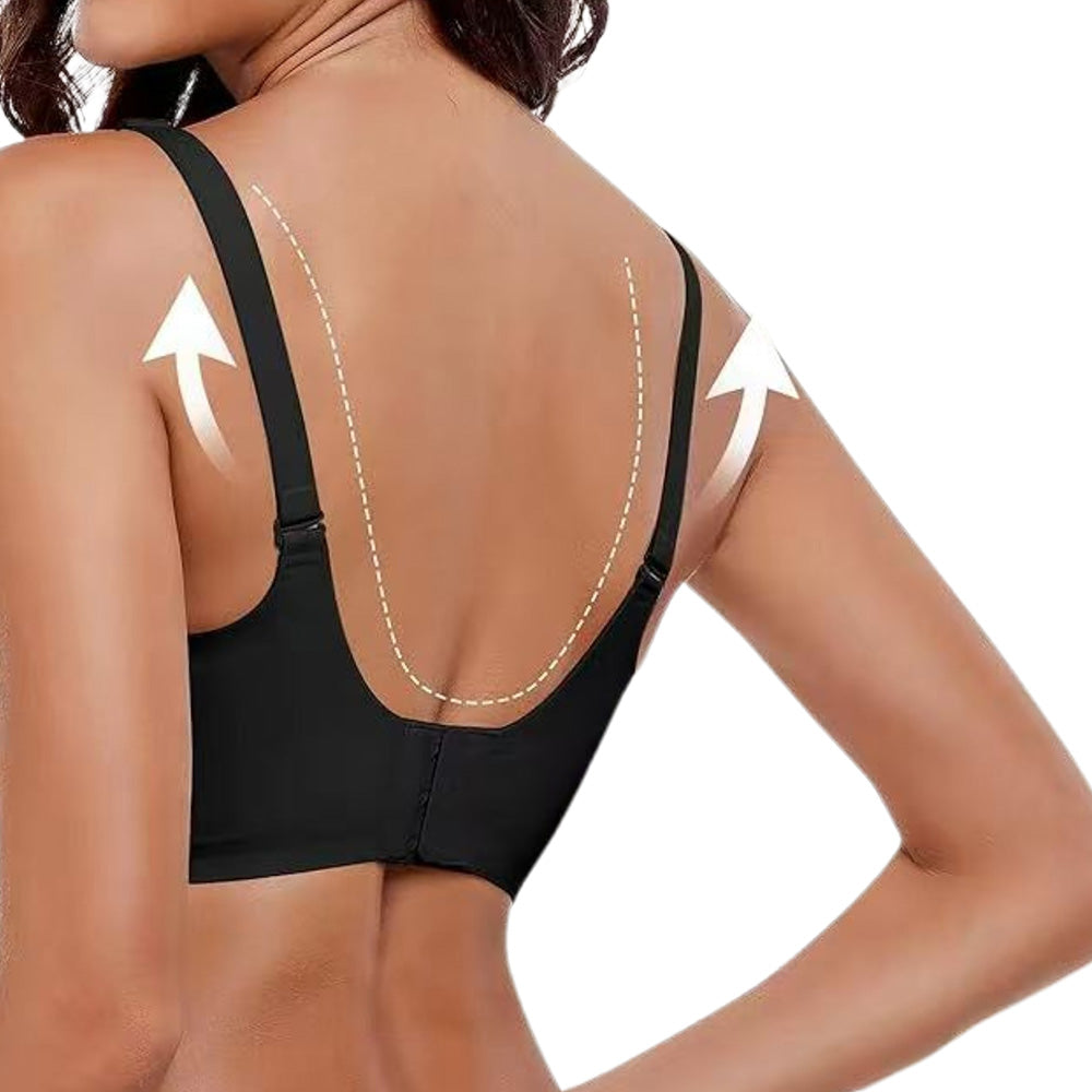 Wireless Bra Soft High Elastic V Neck Wavy Trim-Black
