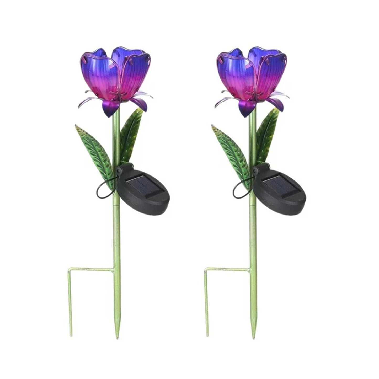 2Pcs Outdoor Solar Lights Flower Lamp Glass Petal Metal Ground Light