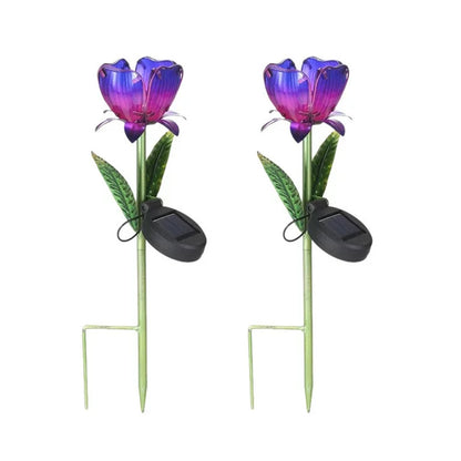 2Pcs Outdoor Solar Lights Flower Lamp Glass Petal Metal Ground Light