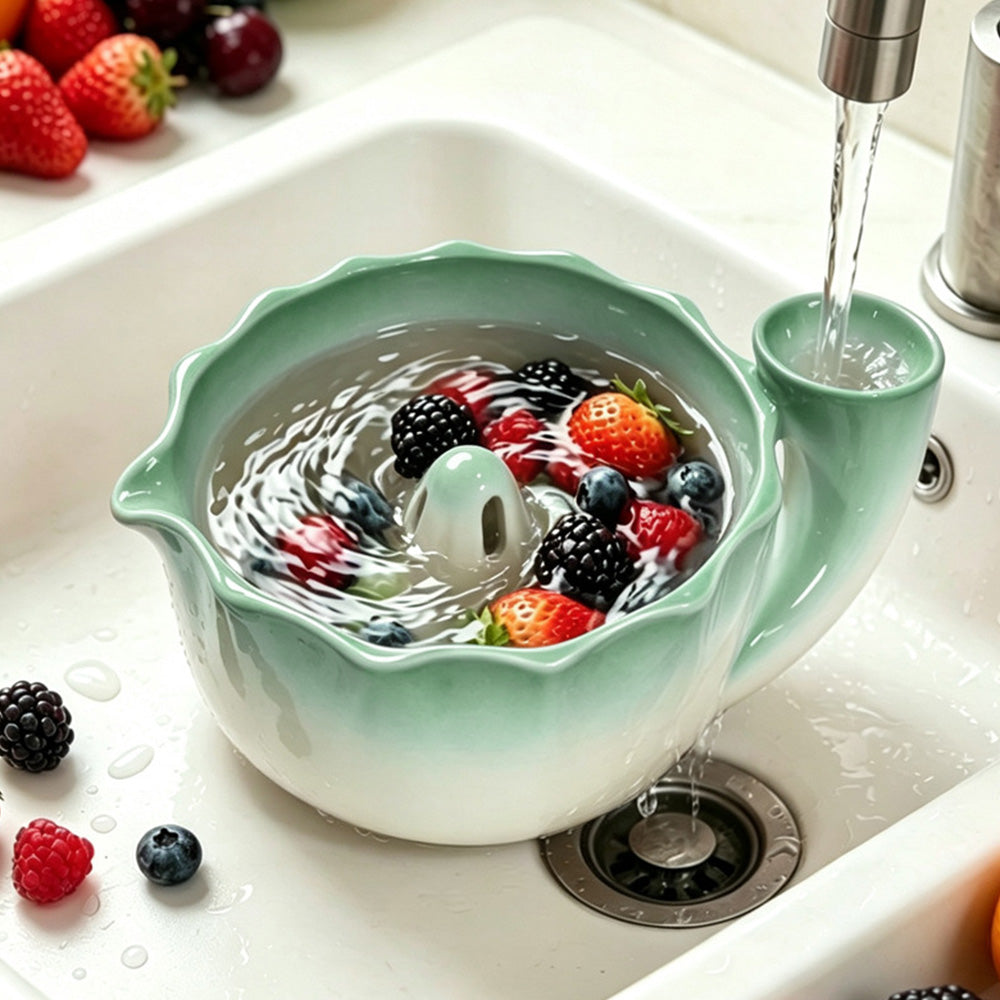 Self-Spinning Ceramic Berry Washing Bowl Set with Drain Holes and 2 Fruit Forks for Cleaning Berries