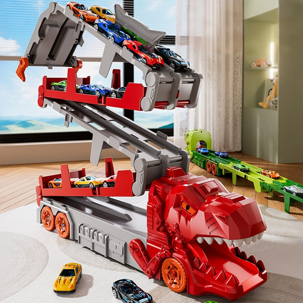 Foldable Dinosaur Truck with Dual Tracks and 6 Small Cars for Home Outdoors