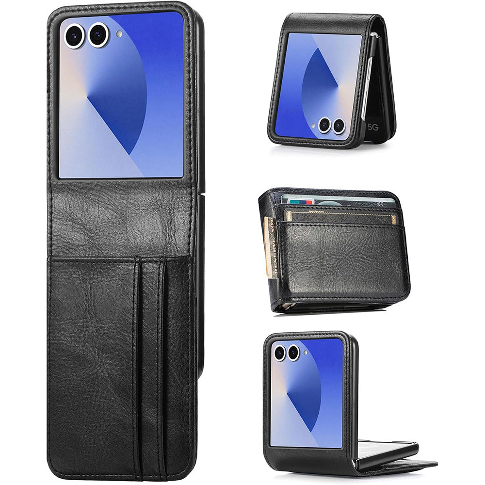 PU Wallet Card Holder Case for Samsung Galaxy Z Flip 6 7 8 with Stand-Black