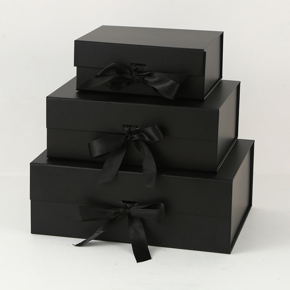 Luxury Foldable Gift Box with Easy Attached Lid and Ribbon-Black