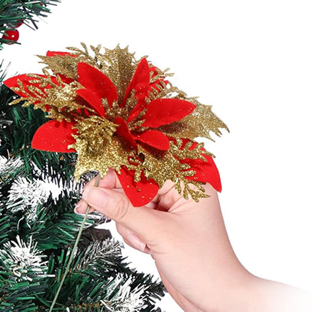 12Pcs Christmas Glitter Poinsettia Artificial Flower with Clip and Stem