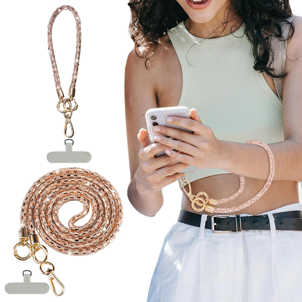Rhinestone Crossbody Phone Lanyard with Wrist Strap and Locking Clips