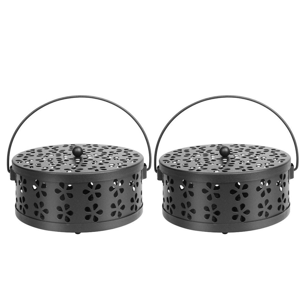 2X 14cm Metal Mosquito Coil and Incense Holder with Lid Floral Cutout Design