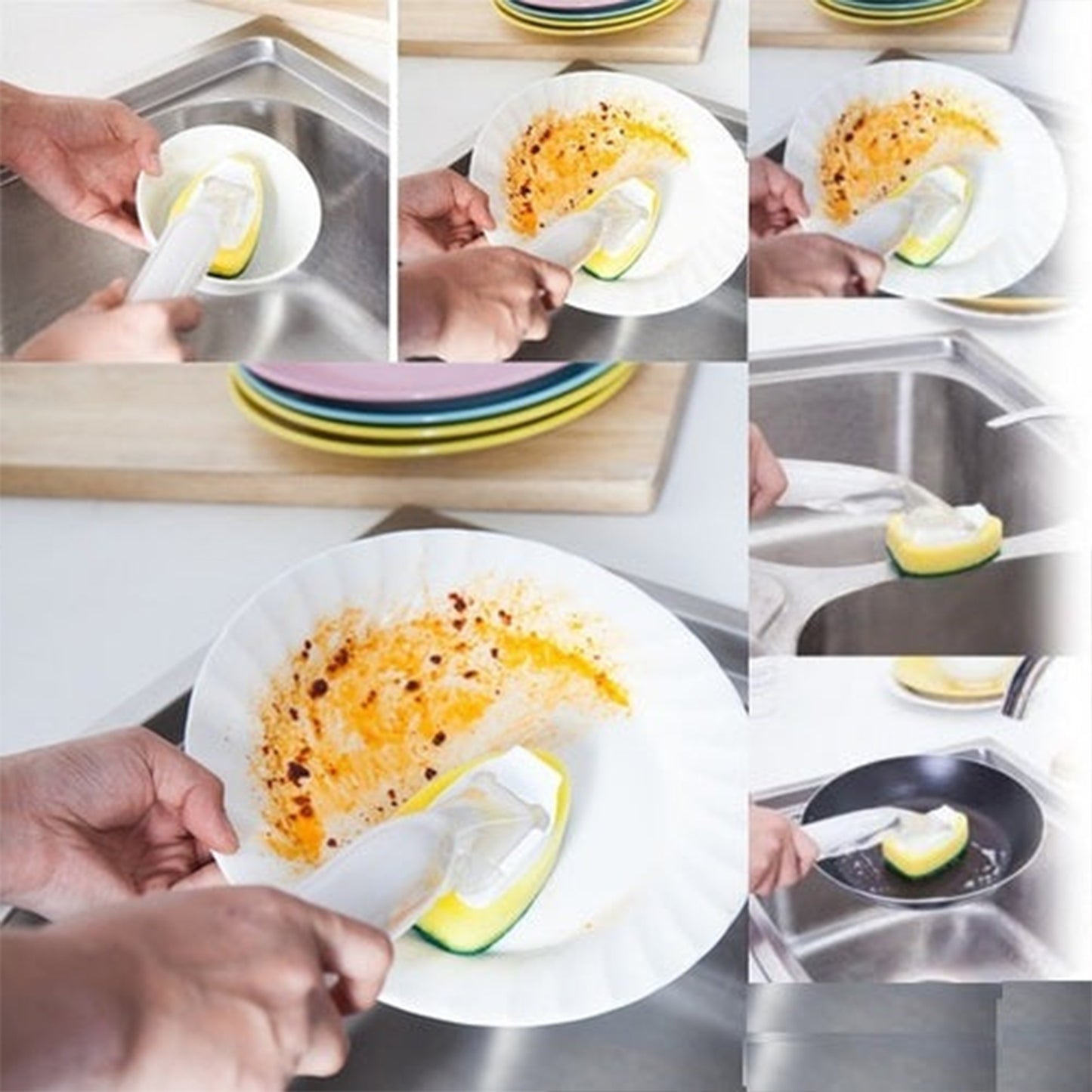 5Pcs Kitchen Soap Dispenser Sponge Brush with Handle Set-1 Handle+5 Sponge