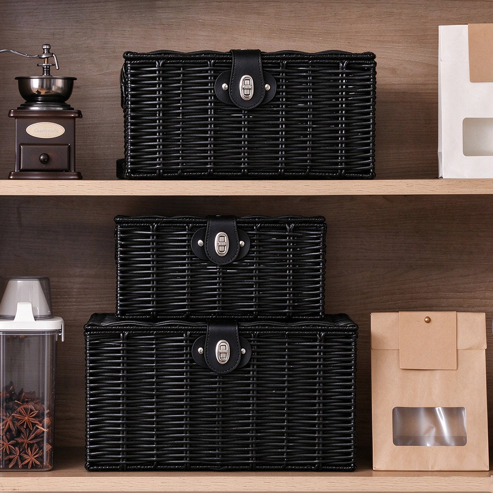 3 Piece Imitation Rattan Woven Storage Basket Set with Locking Lids-Black