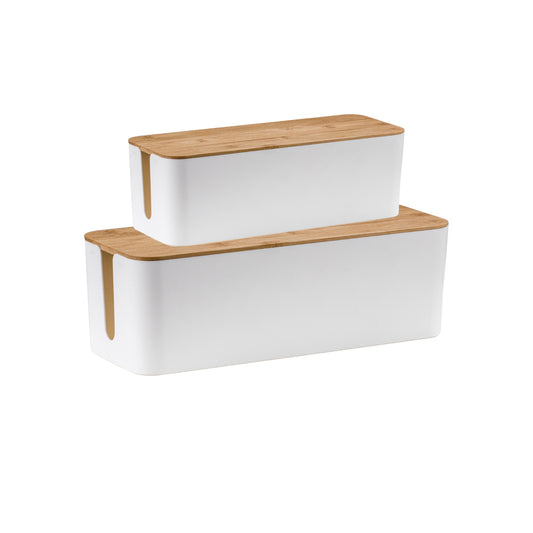 2Pcs Bamboo Lid Cable Management Storage Box for Home and Office-White, M, L