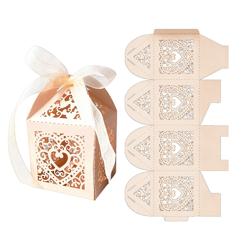 2X 50 Pack Laser Cut Pearl Paper Candy Favor Boxes with Ribbons