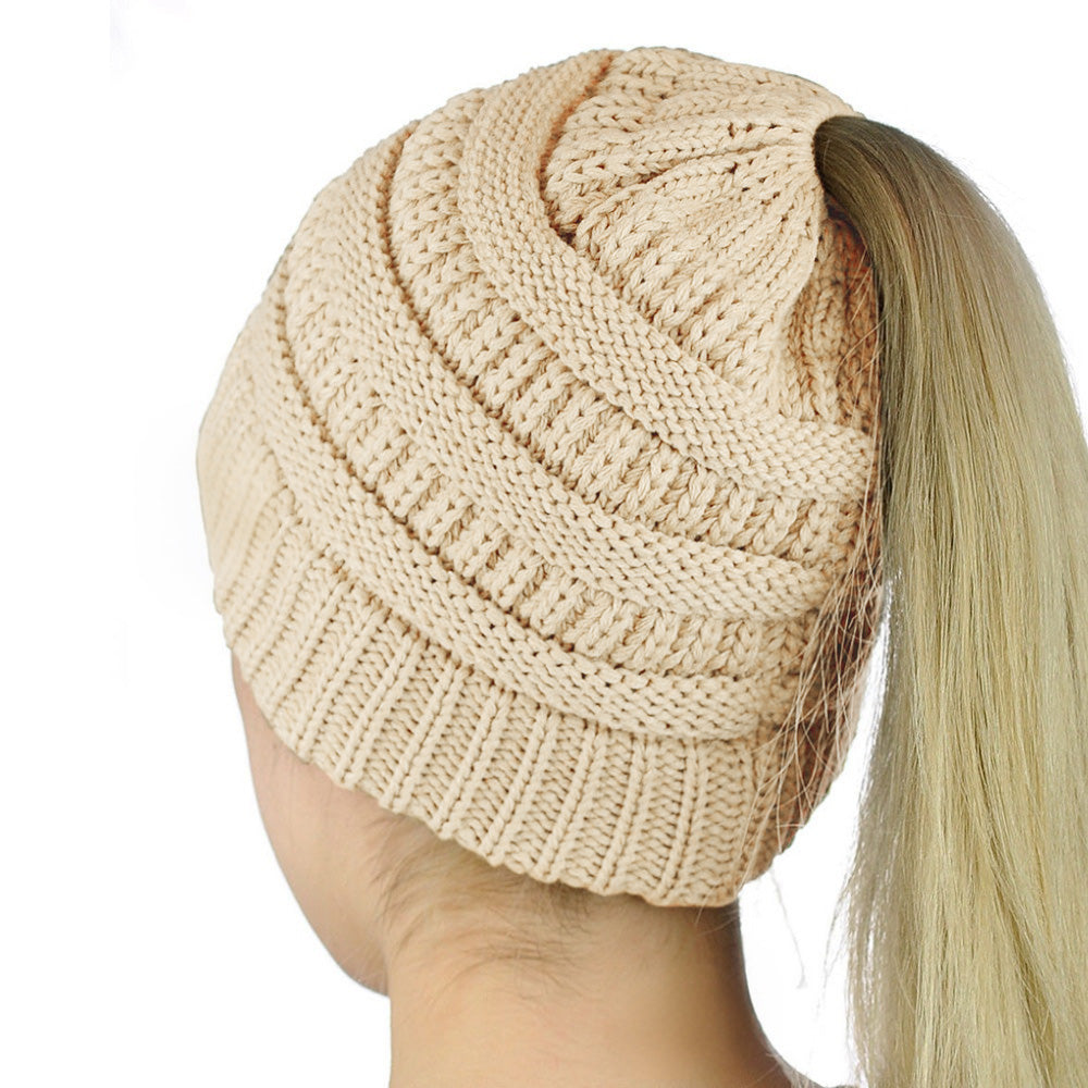Women Girls Winter Cable Knit Ponytail Beanie High Bun Crochet Hat