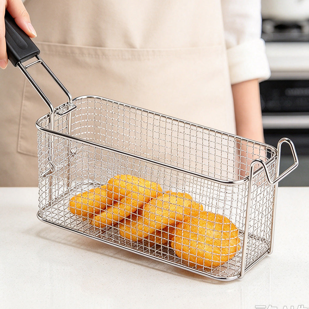Stainless Steel Deep Fryer Basket with Removable Handle and Hanging Design