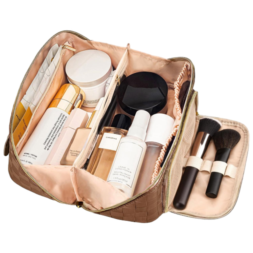 Large Capacity PU Leather Water-Resistant Checkered Cosmetic Bag Travel Makeup Bag