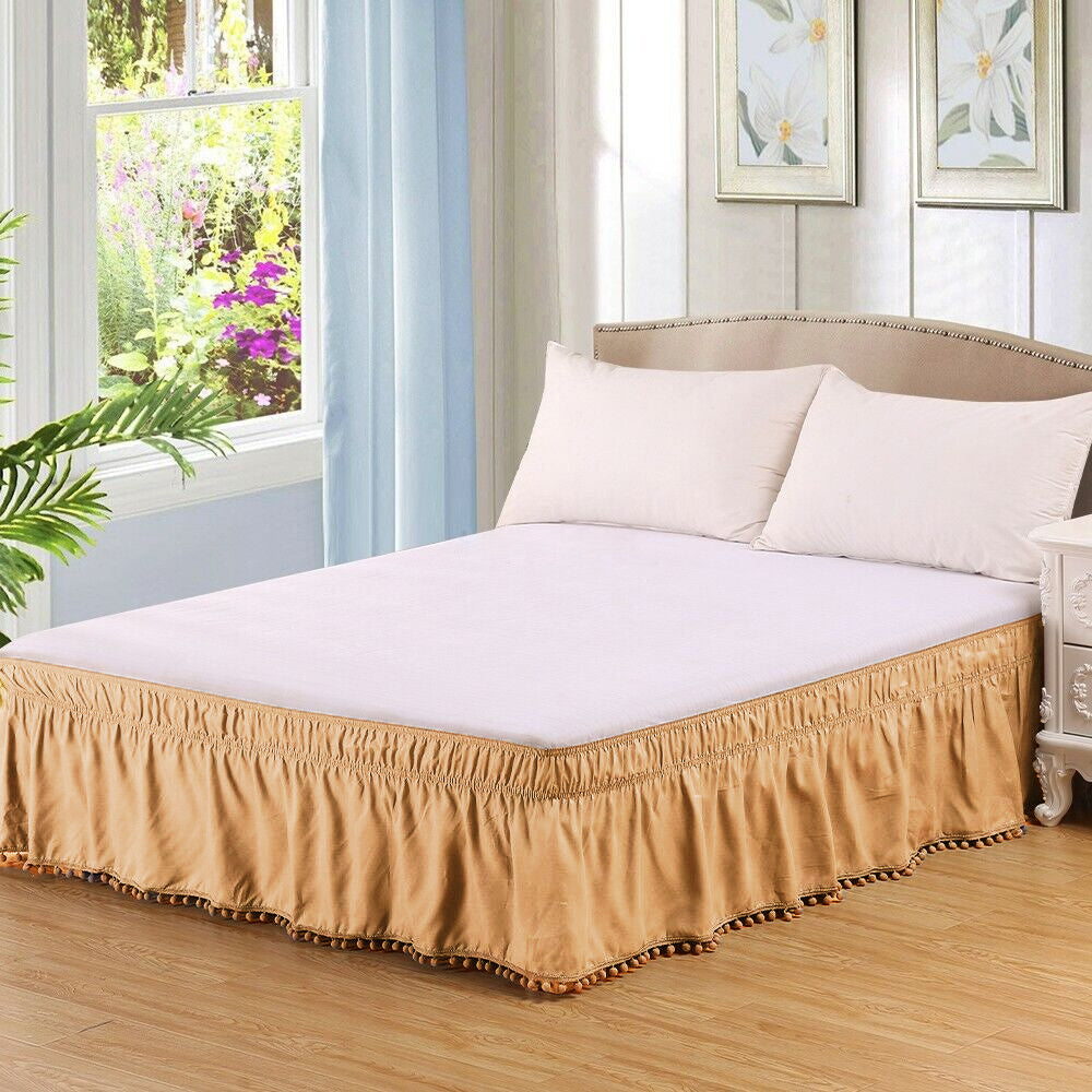 Pompom Fringe Bed Skirt Ruffle Valance Elastic Bed Wrap Around