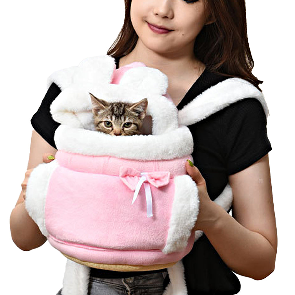 Plush Backpack Portable Pet Hanging Chest Bag with Hand Warmer Pocket