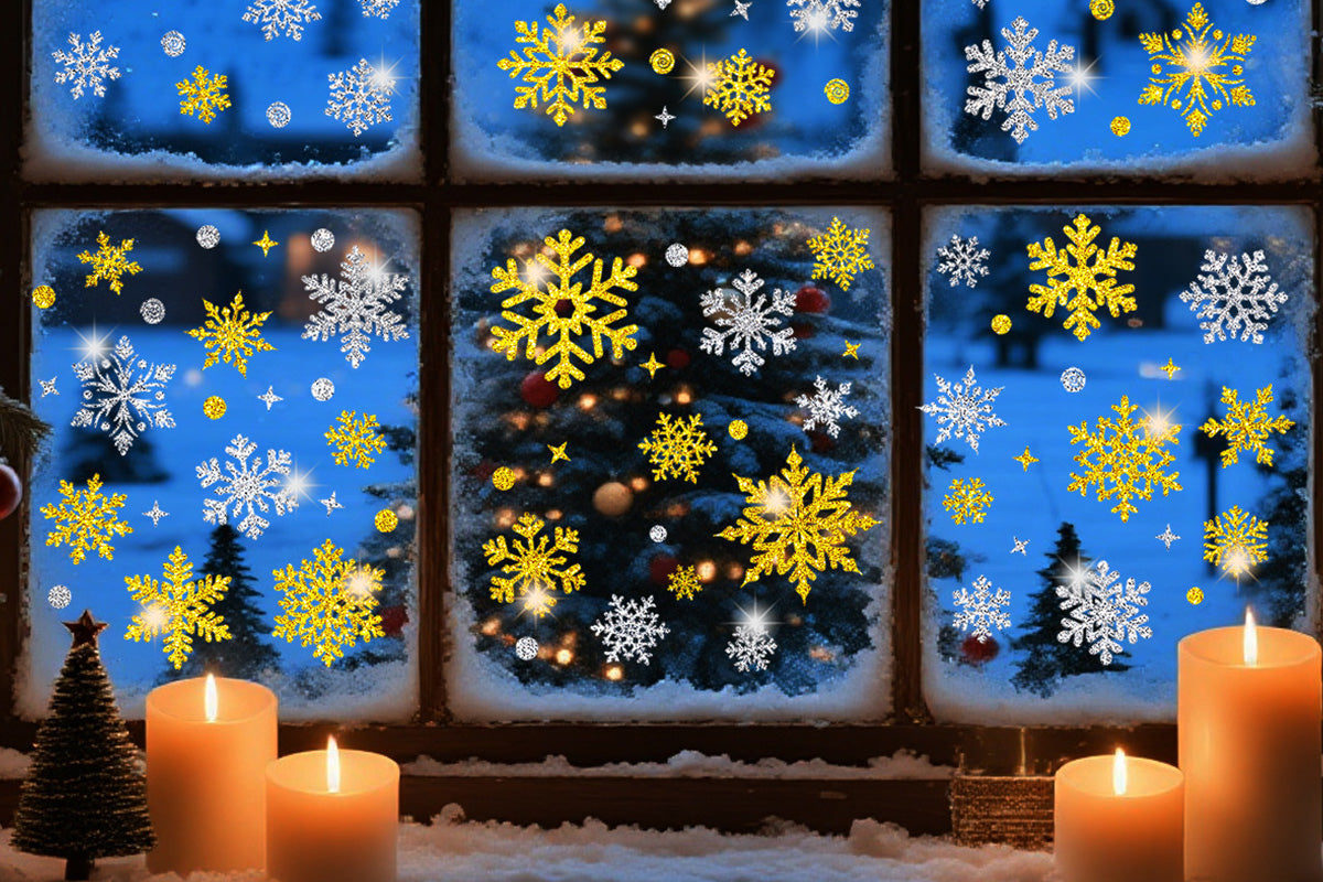 Christmas Window Clings Snowflakes Static Stickers Gold Silver for Holiday Decorations