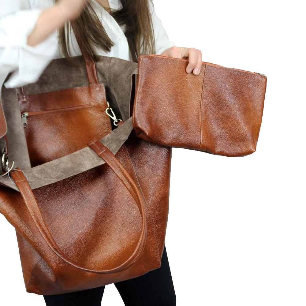 PU Leather Oversized Tote Bag with Internal Cosmetic Bag