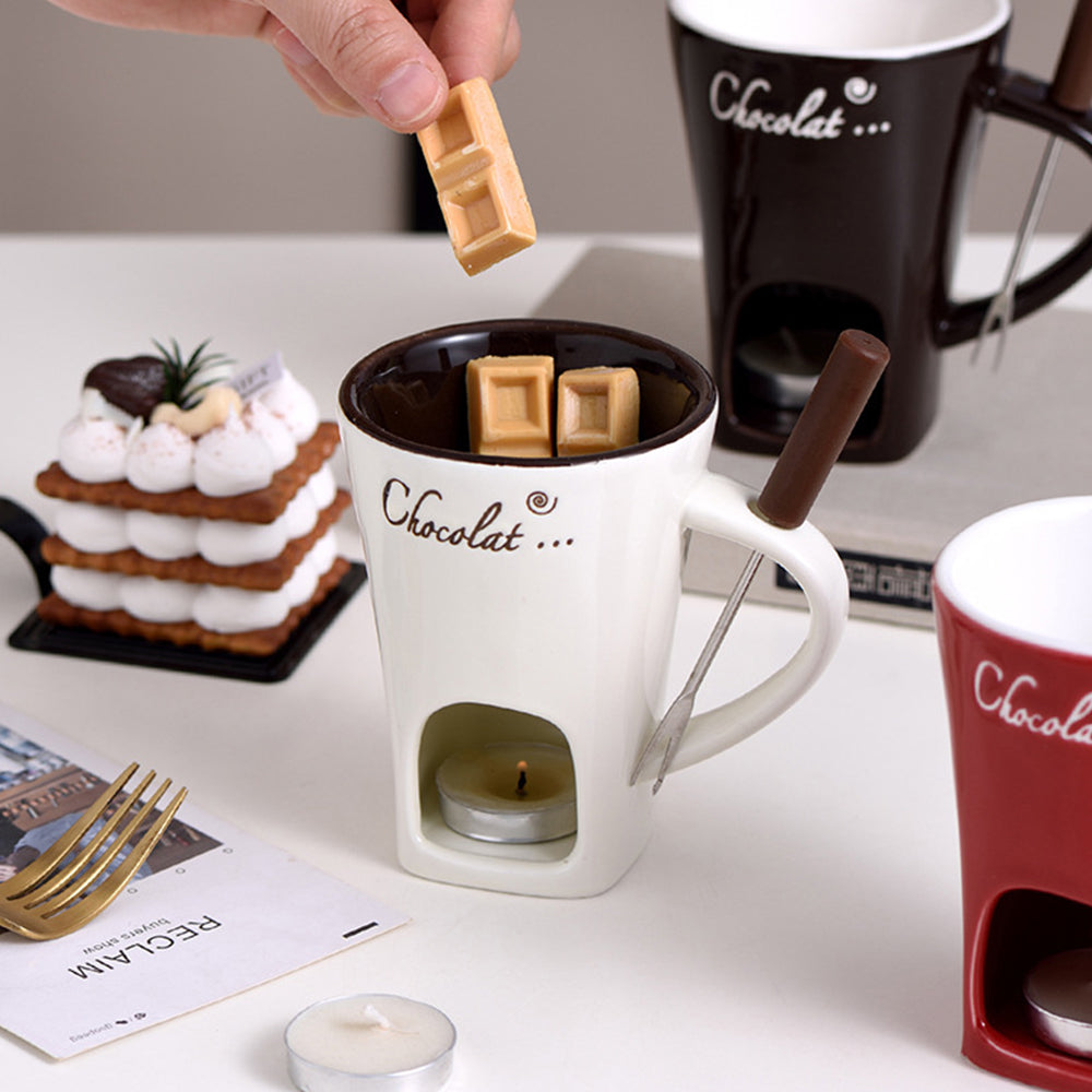 Fondue Mug Set Porcelain Chocolate Melting Cup with Fork