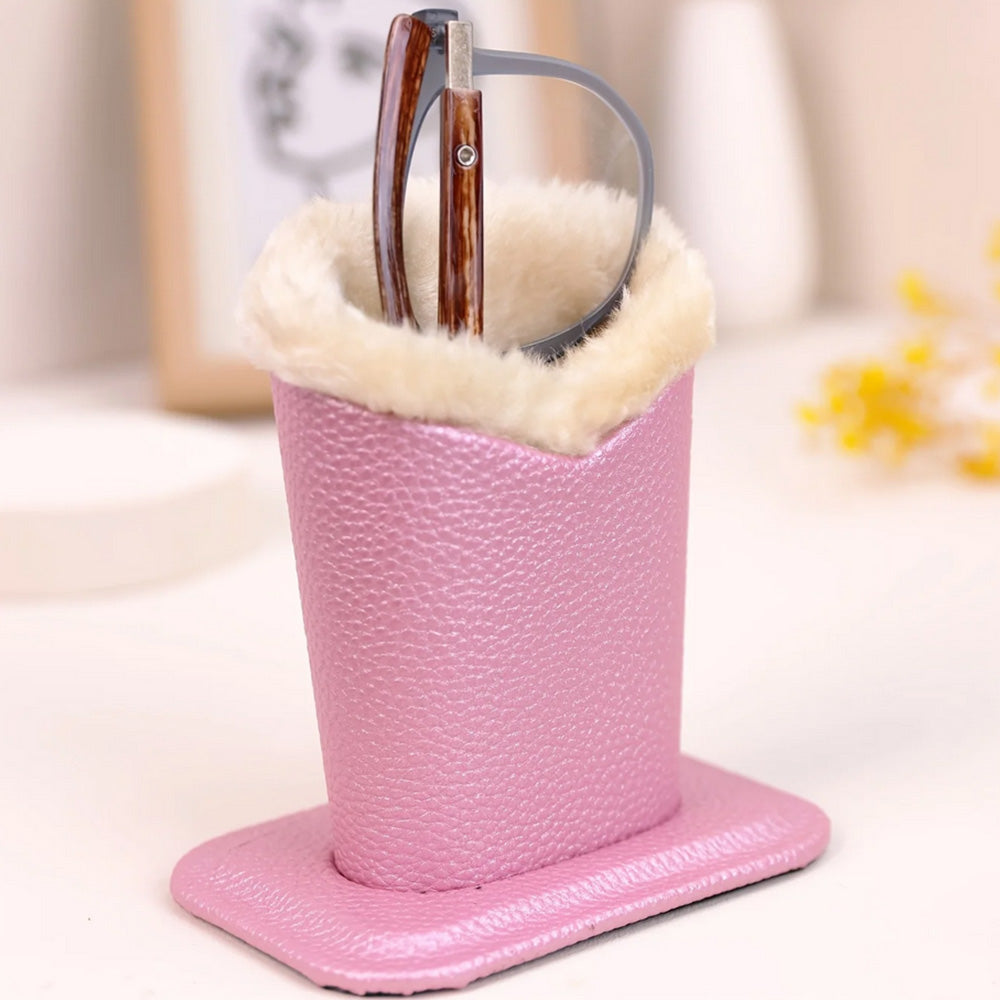 Soft Plush Lined Eyeglasses Desk Holder PU Leather Glasses Display Stand With Base