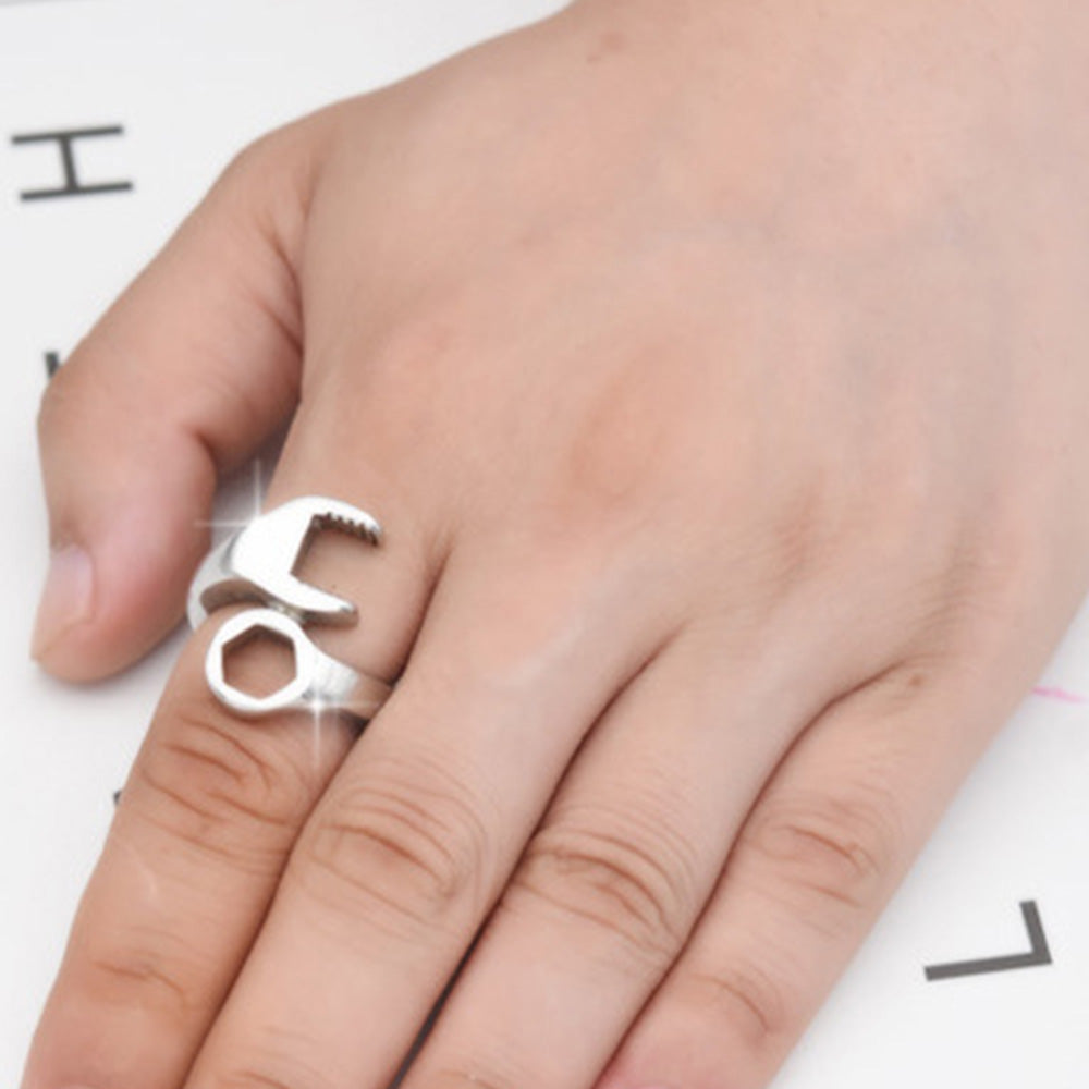 Stainless Steel Wrench Shaped Industrial Punk Ring for Men and Women-Silver