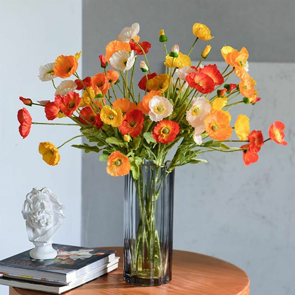 6Pcs 4 Head Artificial Poppy Flowers Papaver Rhoeas Flocking Stem Bouquet-Yellow, Red