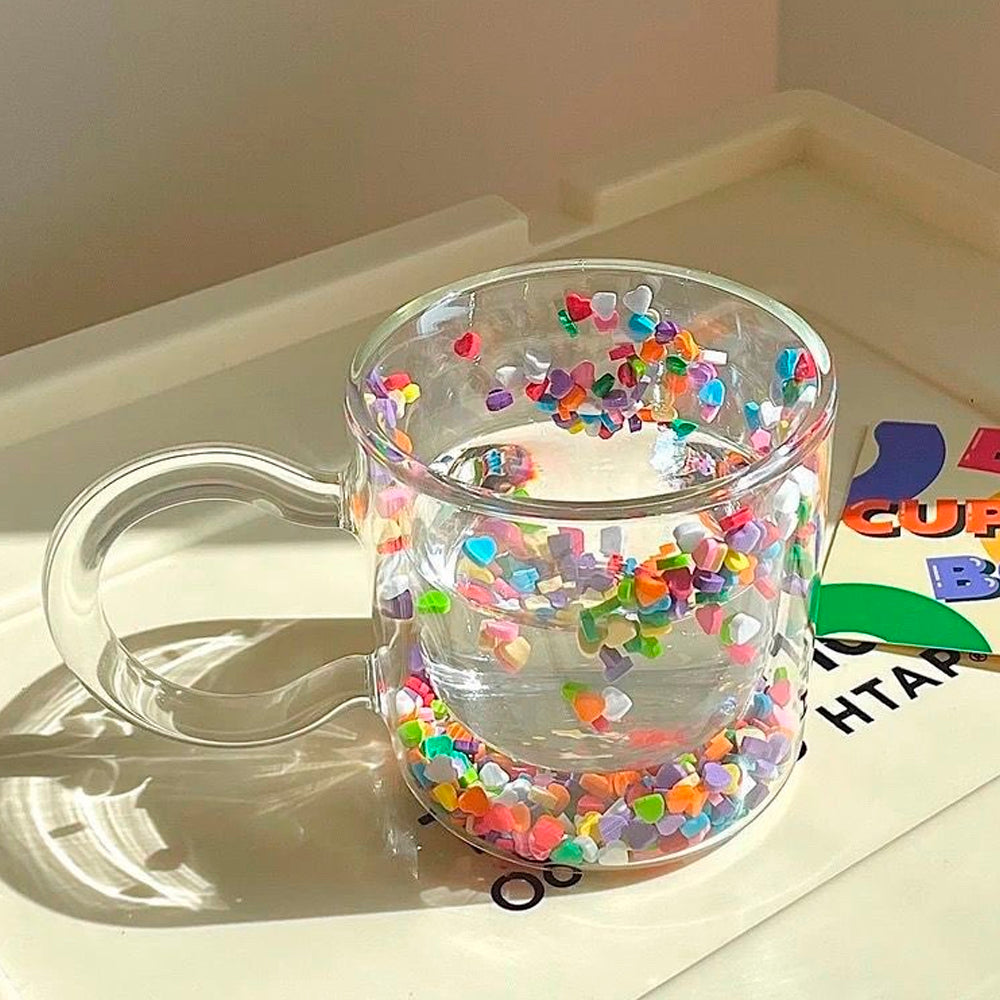 Double Wall Glass Cup with Colorful Love Granule Fillings