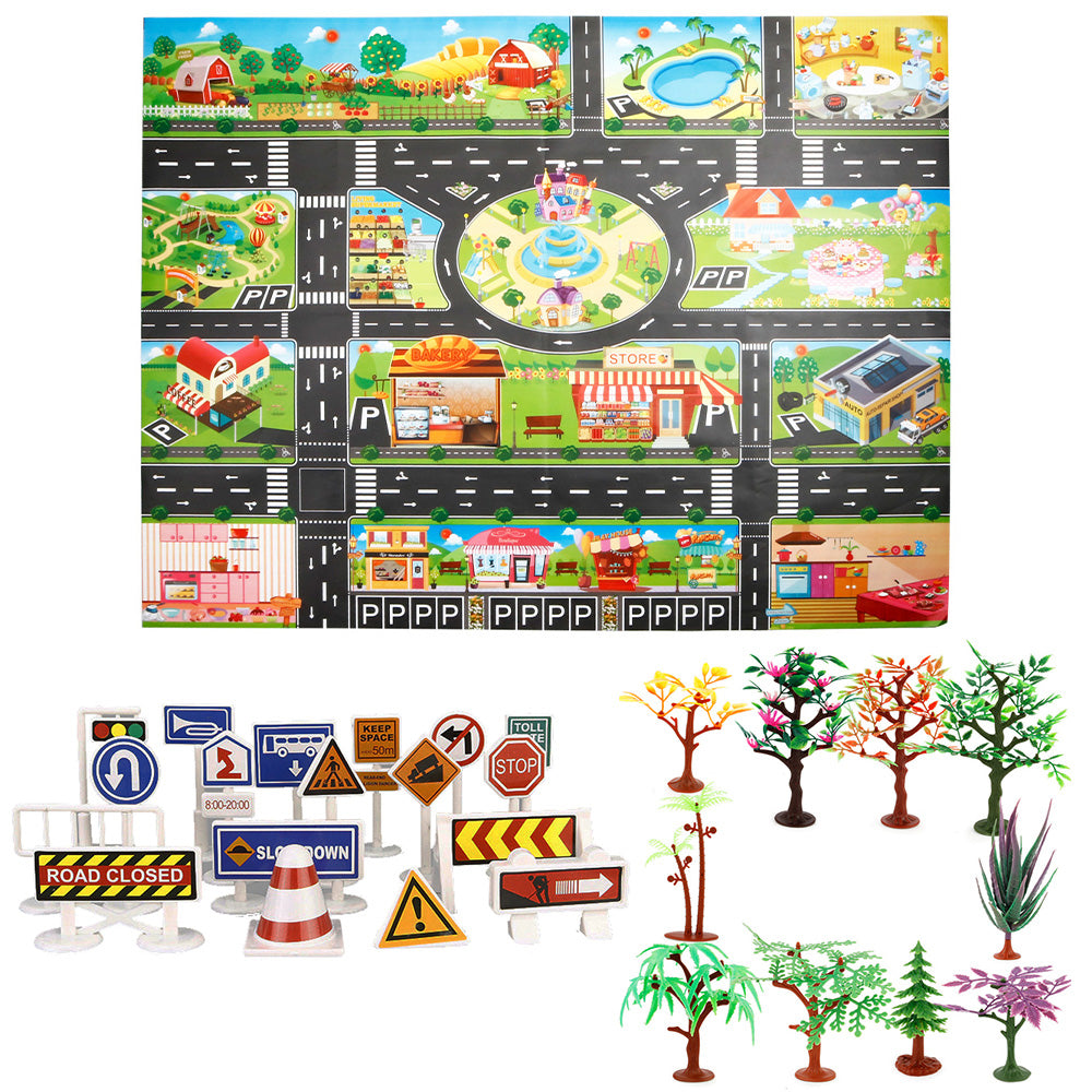 Floor Play Mat Rug Traffic Road Signs Car Track City Carpet Toy with 10 Trees