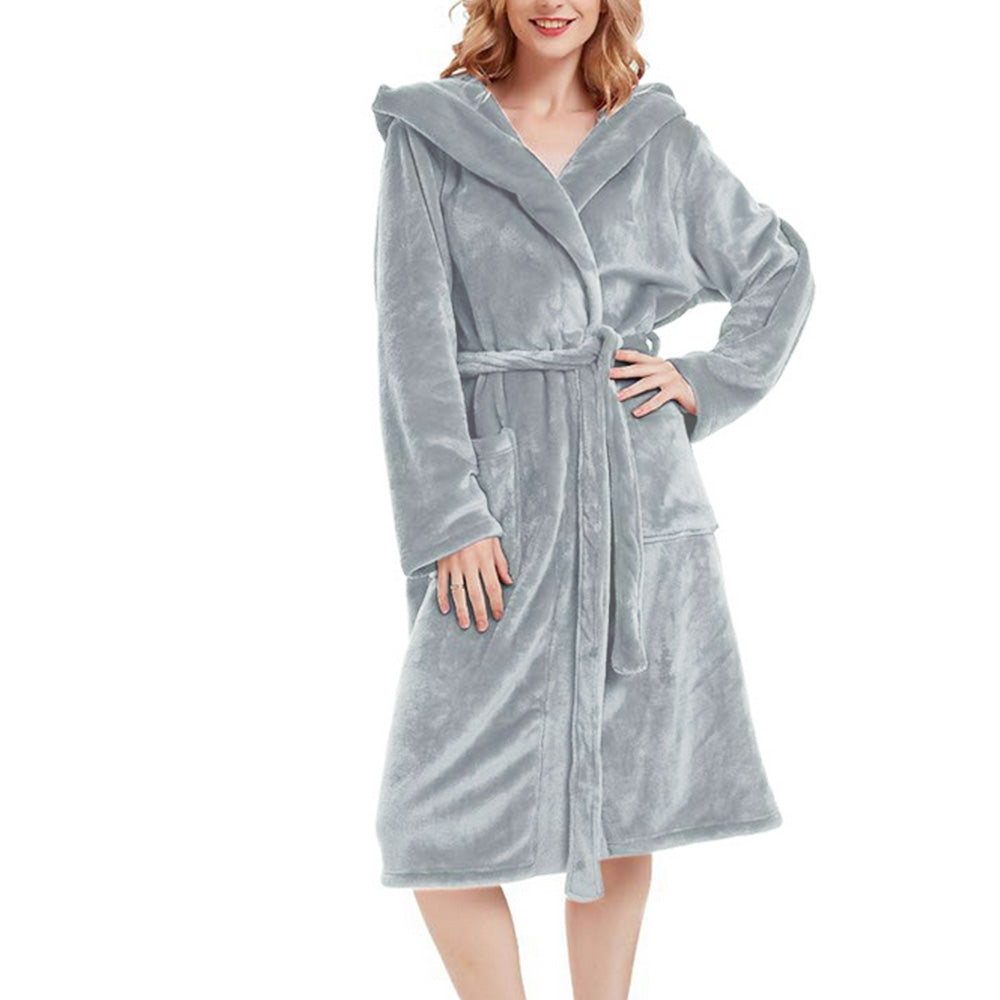 Women Robe Hood Flannel Fleece Full Length Bathrobe Shower Nightgown-Grey